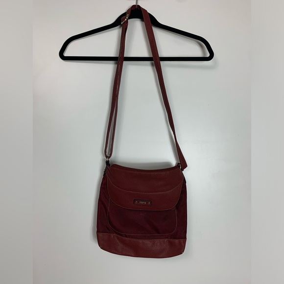 Roots Canada Womens Crossbody Purse Burgandy *Flawed Multi Pocket Zip Adjustable - Picture 2 of 16